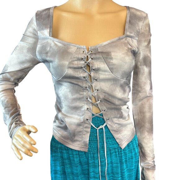 Dazy Womens Long Sleeve Lace Up Corset Top Size M Sheer Abstract Y2K - Picture 2 of 4